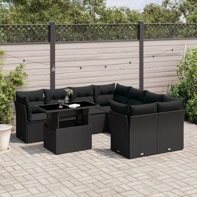 9-delige Loungeset met kussens poly rattan zwart