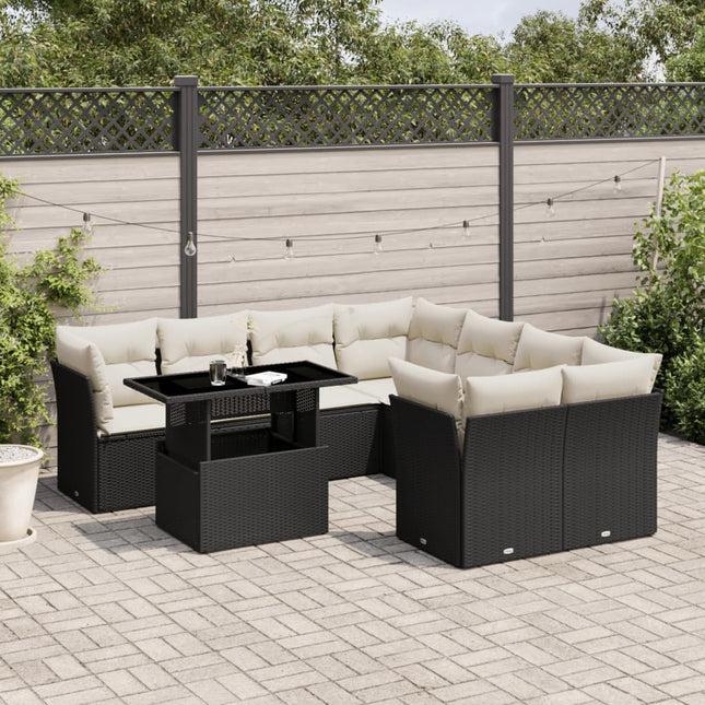 9-delige Loungeset met kussens poly rattan zwart