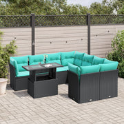 9-piece garden sofa set with cushions in black poly rattan