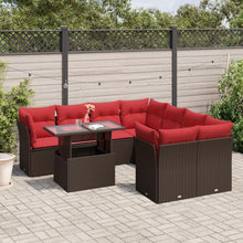 9-delige tuinbankset met kussens, bruin polyrotan