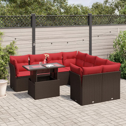 9-delige tuinbankset met kussens, bruin polyrotan