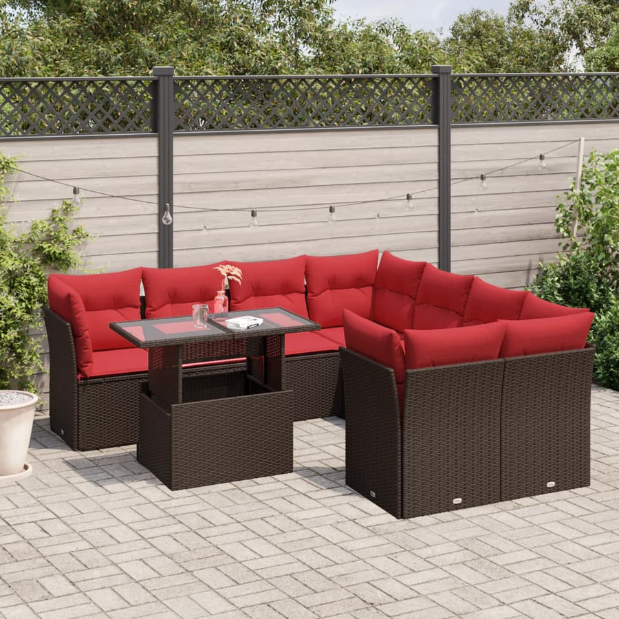 9-delige tuinbankset met kussens, bruin polyrotan