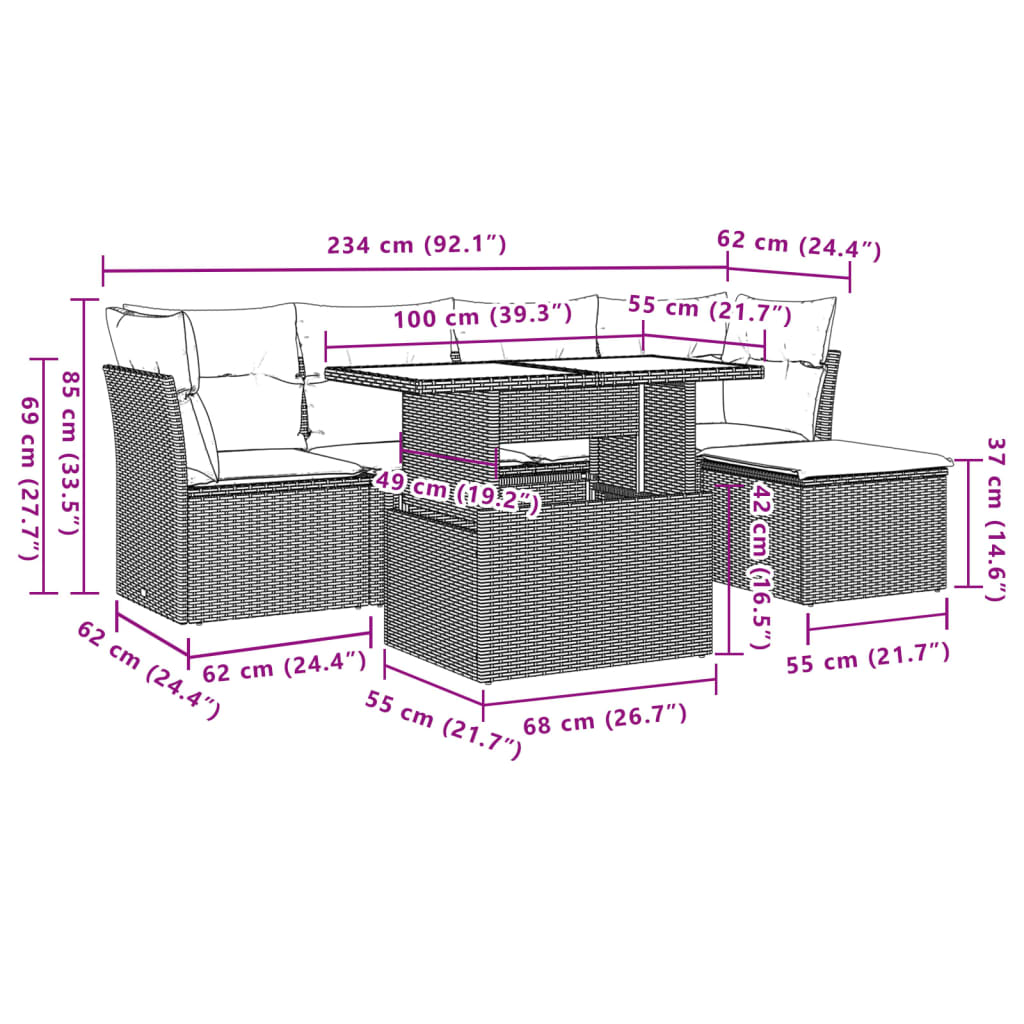 6-delige Loungeset met kussens poly rattan zwart