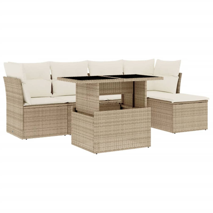 6-delige Loungeset met kussens poly rattan beige