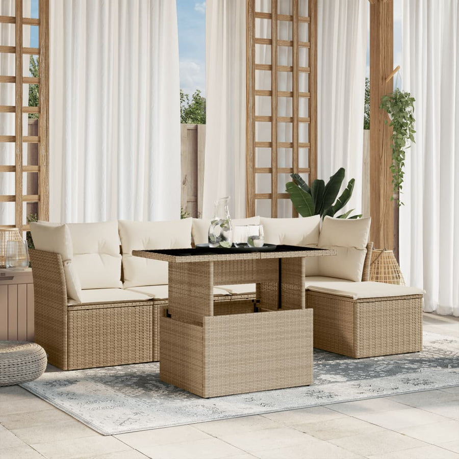 6-delige Loungeset met kussens poly rattan beige