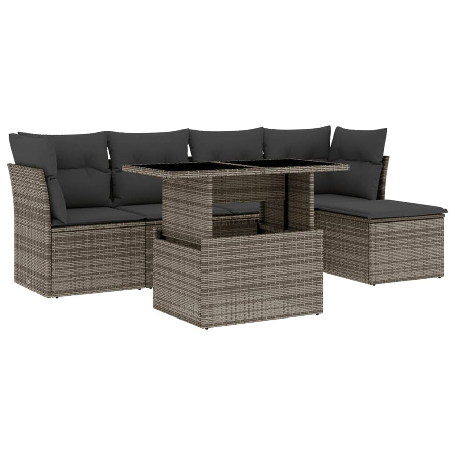 6-delige Loungeset met kussens poly rattan grijs
