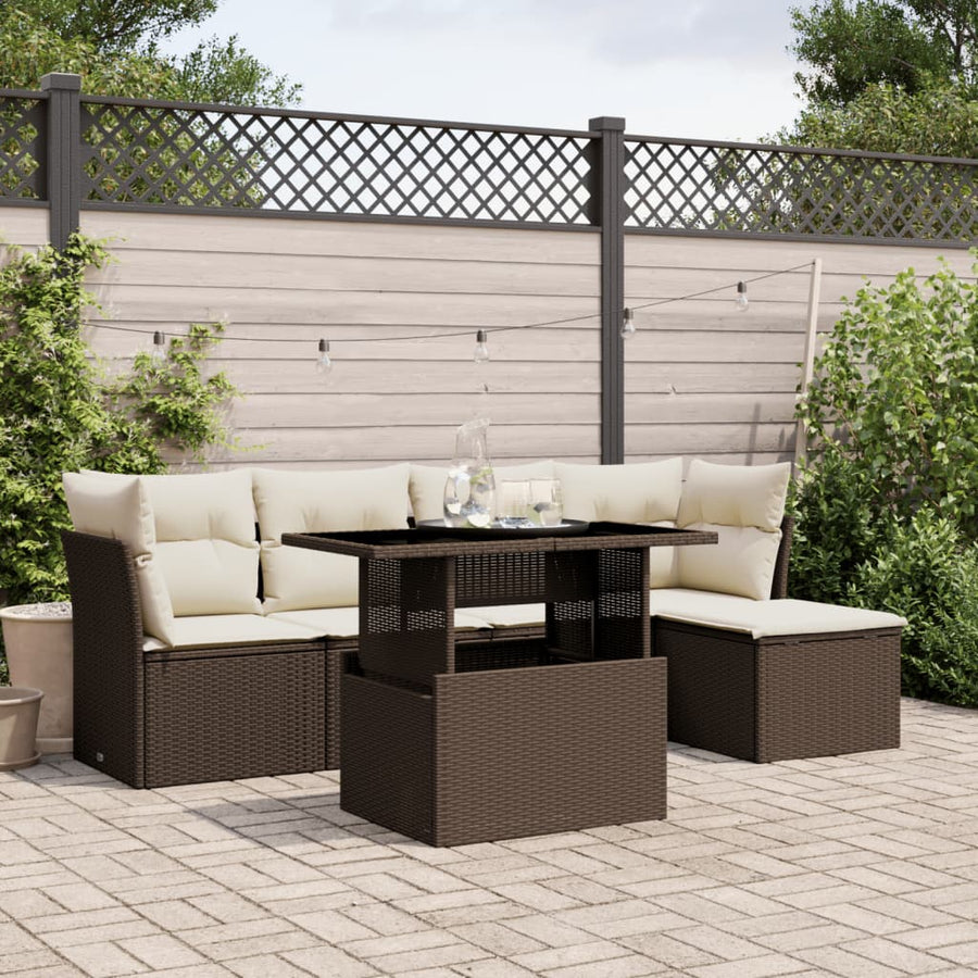 6-delige Loungeset met kussens poly rattan bruin