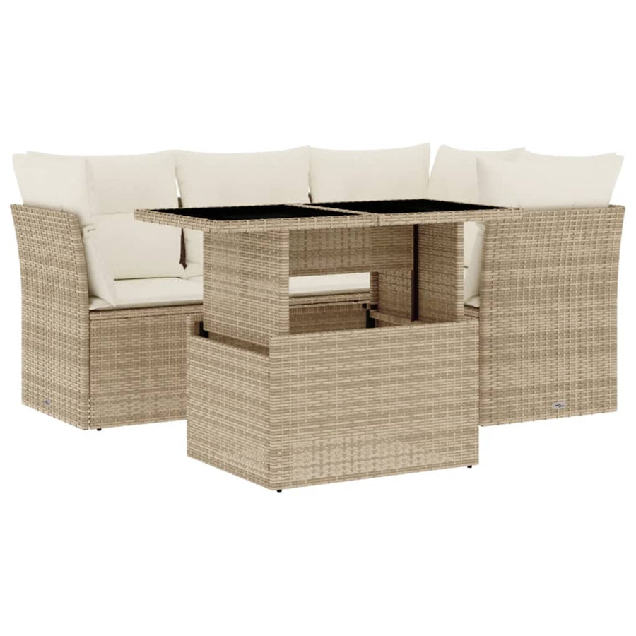 5-delige Loungeset met kussens poly rattan beige