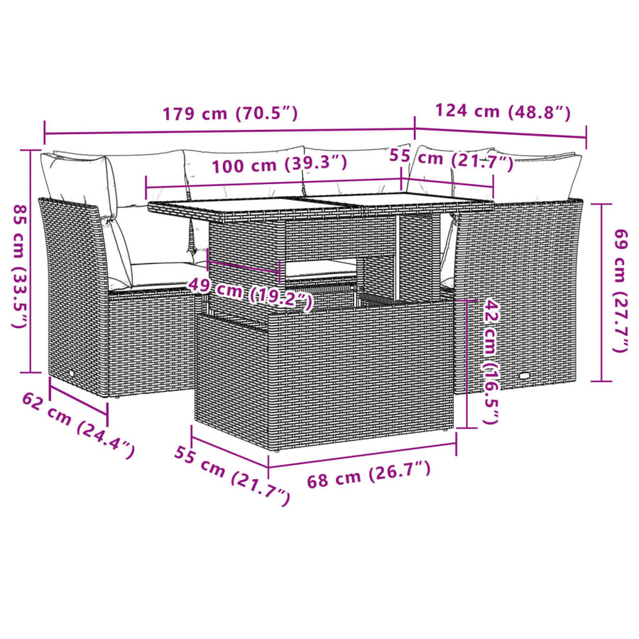 5-delige Loungeset met kussens poly rattan beige