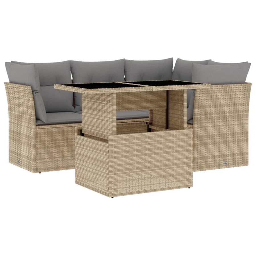 5-delige Loungeset met kussens poly rattan beige
