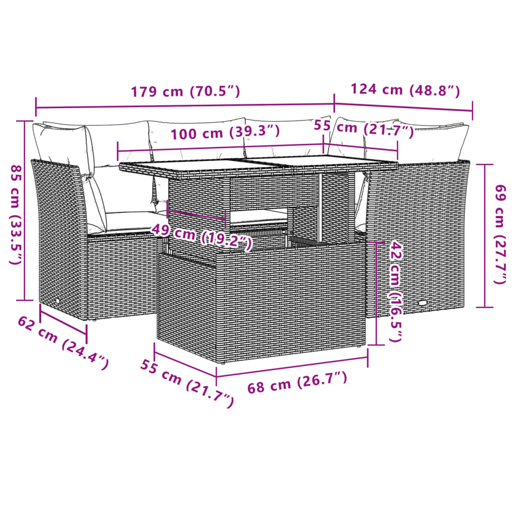 5-delige Loungeset met kussens poly rattan lichtgrijs