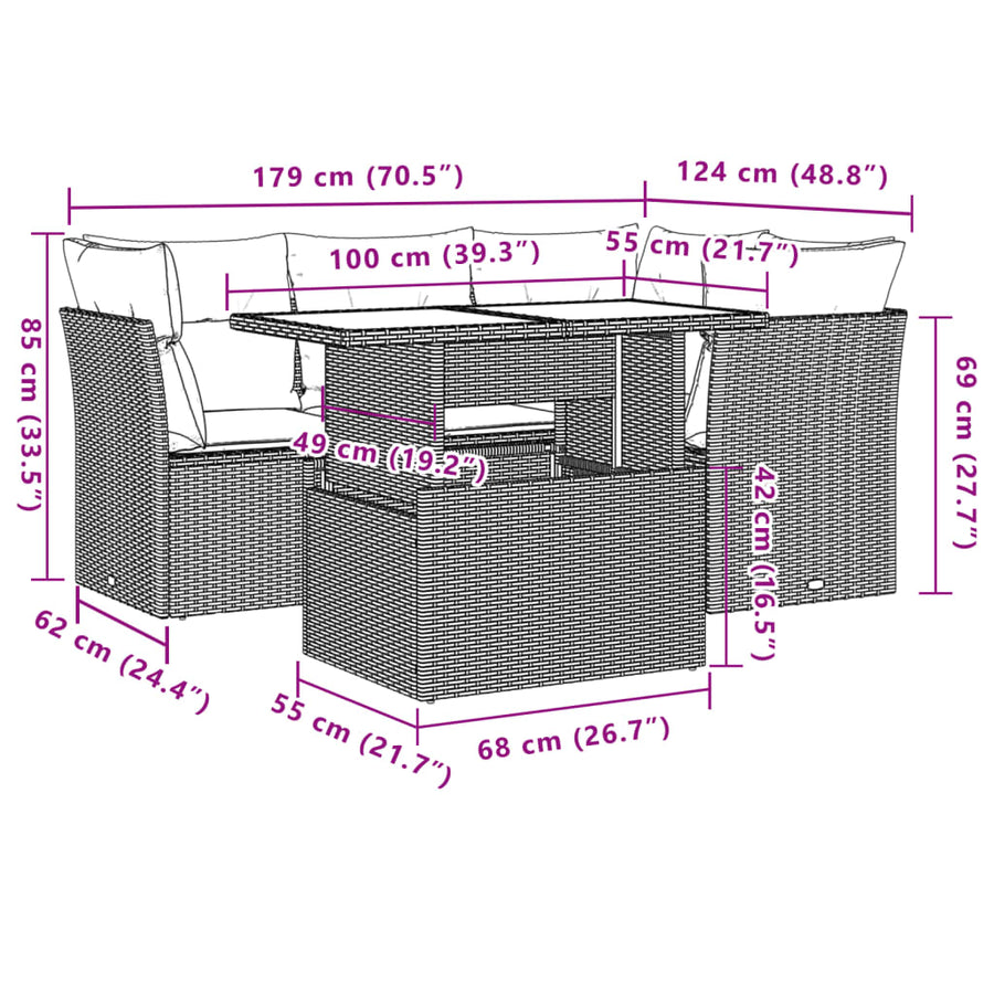 5-delige Loungeset met kussens poly rattan lichtgrijs