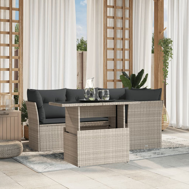 5-delige Loungeset met kussens poly rattan lichtgrijs