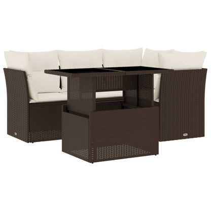 5-delige Loungeset met kussens poly rattan bruin