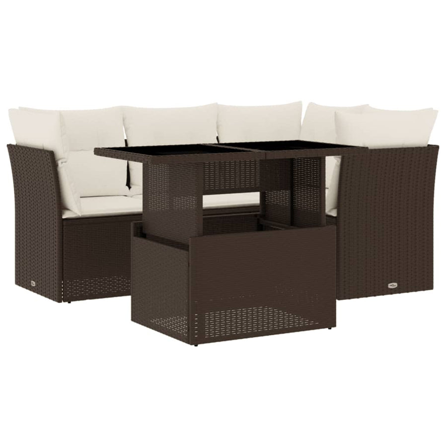 5-delige Loungeset met kussens poly rattan bruin