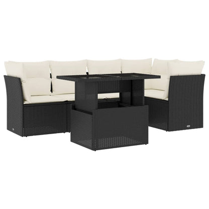 6-delige Loungeset met kussens poly rattan zwart