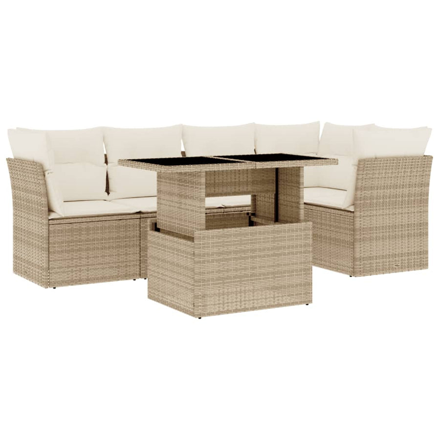 6-delige Loungeset met kussens poly rattan beige