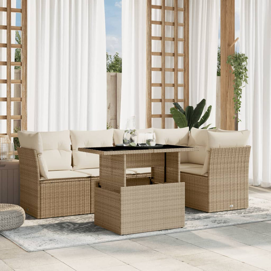 6-delige Loungeset met kussens poly rattan beige
