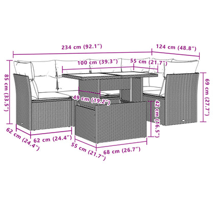 6-delige Loungeset met kussens poly rattan beige