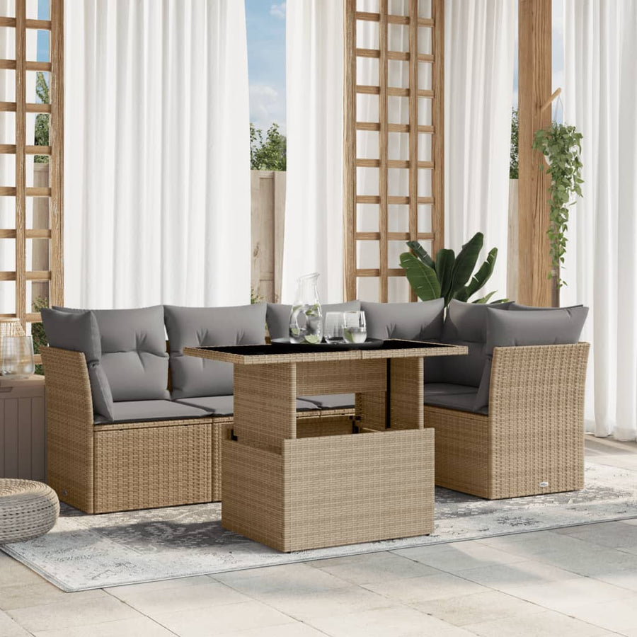 6-delige Loungeset met kussens poly rattan beige