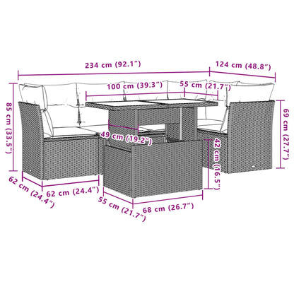 6-delige Loungeset met kussens poly rattan grijs