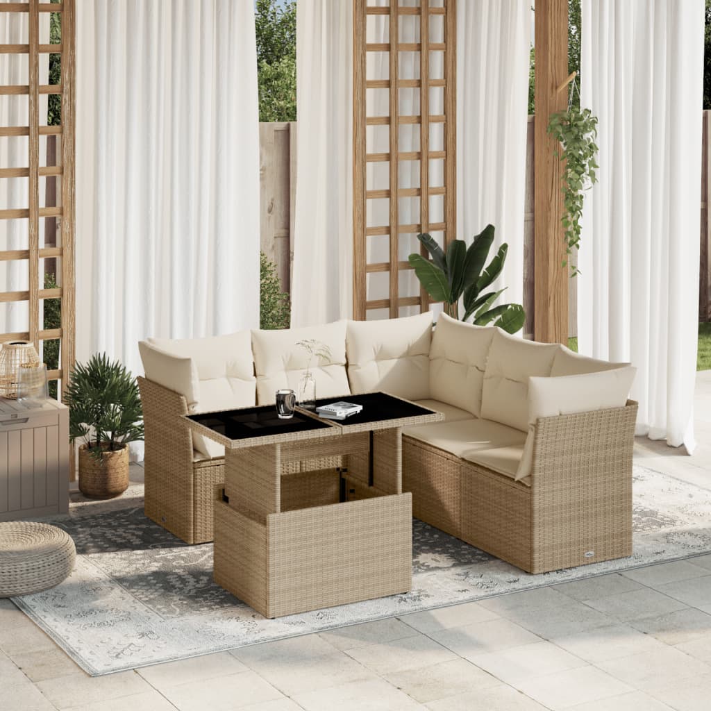 6-delige Loungeset met kussens poly rattan beige