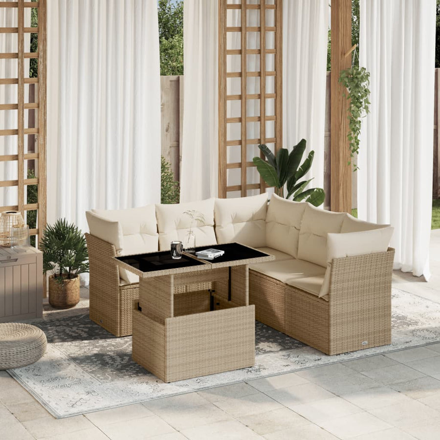 6-delige Loungeset met kussens poly rattan beige