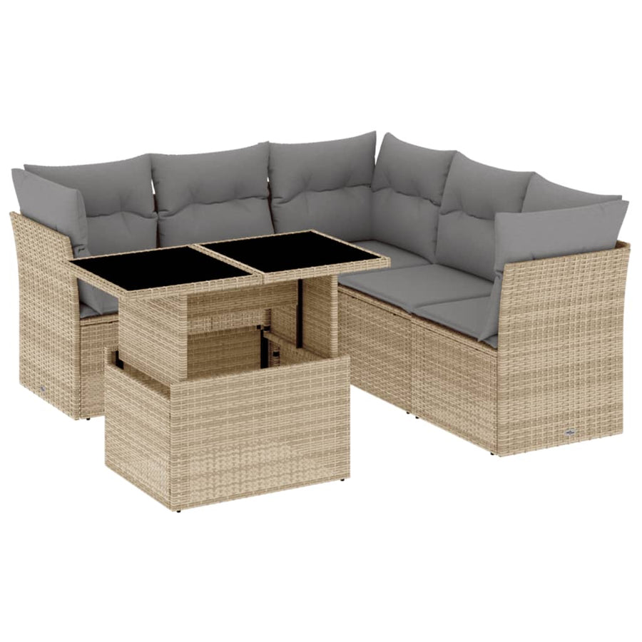 6-delige Loungeset met kussens poly rattan beige