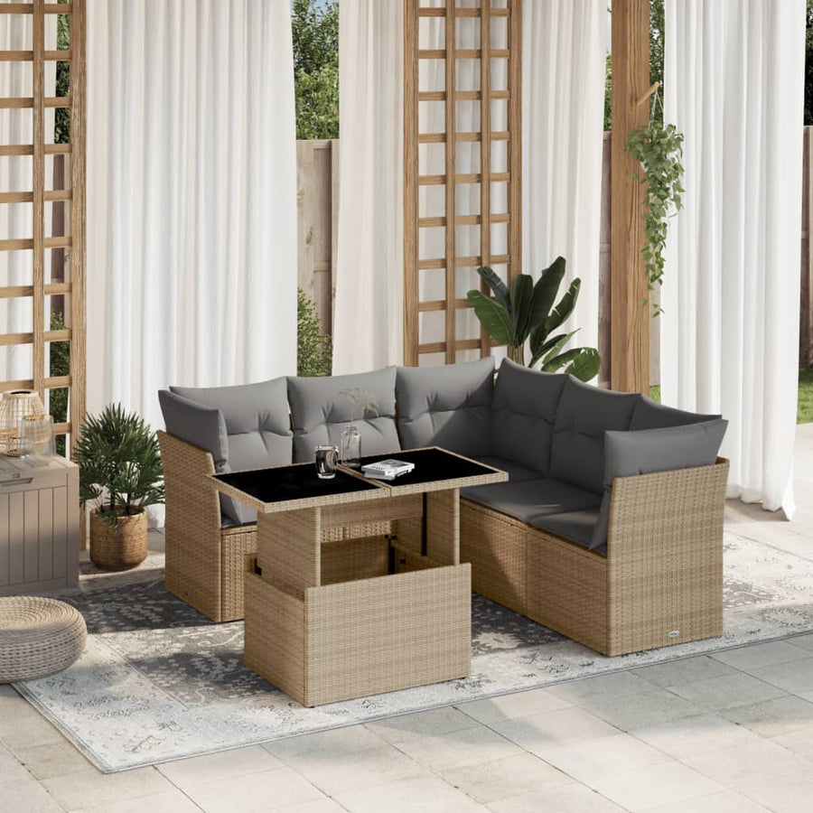 6-delige Loungeset met kussens poly rattan beige