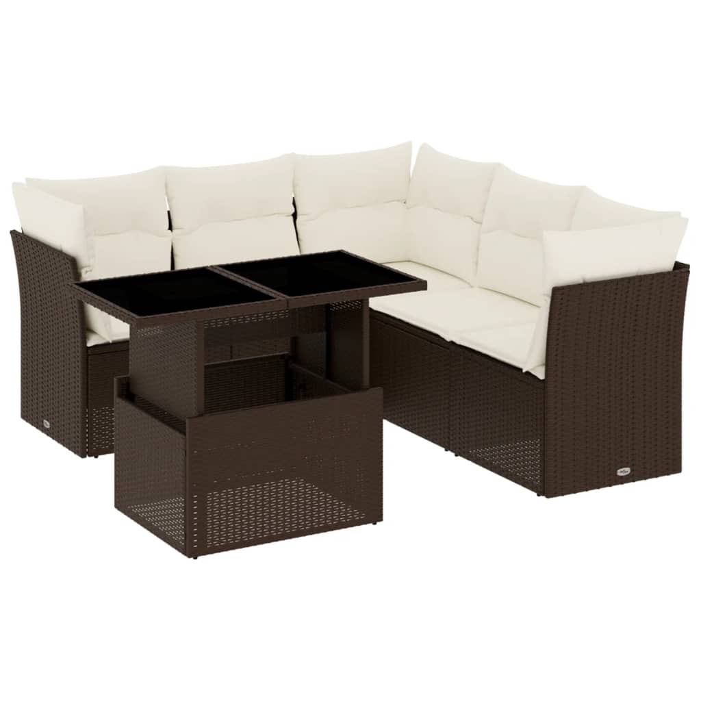 6-delige Loungeset met kussens poly rattan bruin