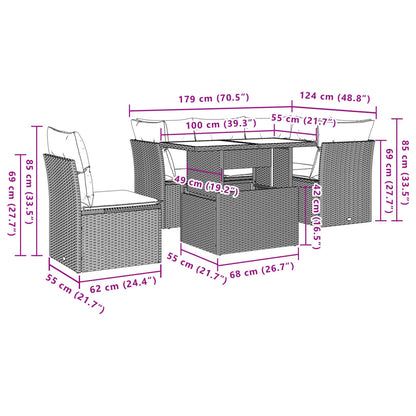 6-delige Loungeset met kussens poly rattan zwart