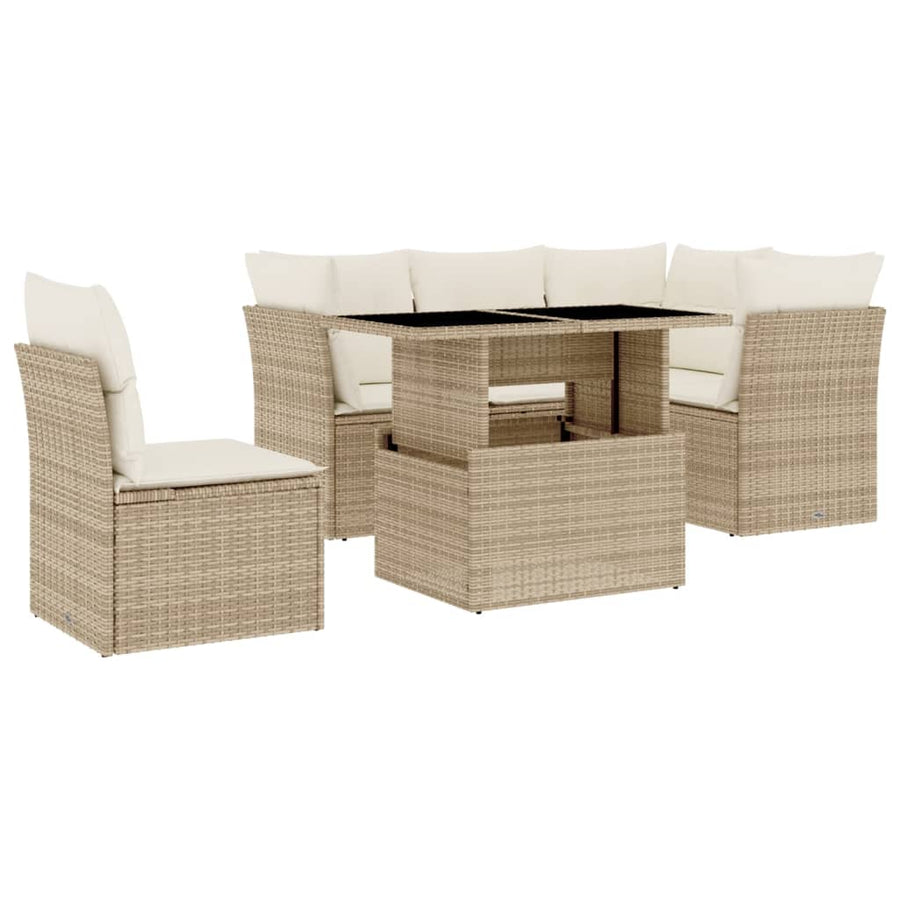 6-delige Loungeset met kussens poly rattan beige