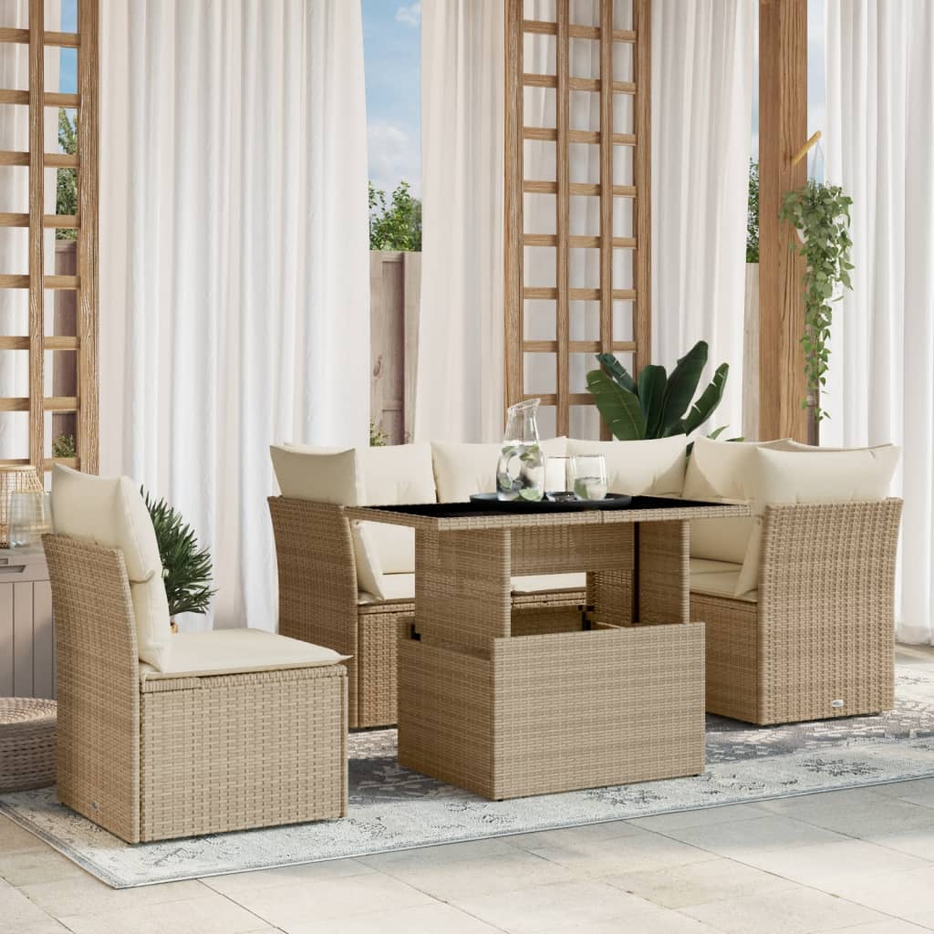 6-delige Loungeset met kussens poly rattan beige