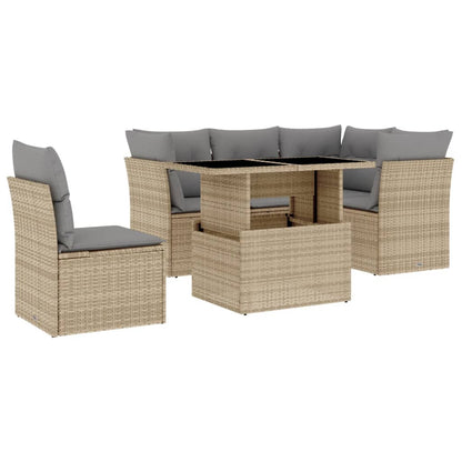 6-delige Loungeset met kussens poly rattan beige