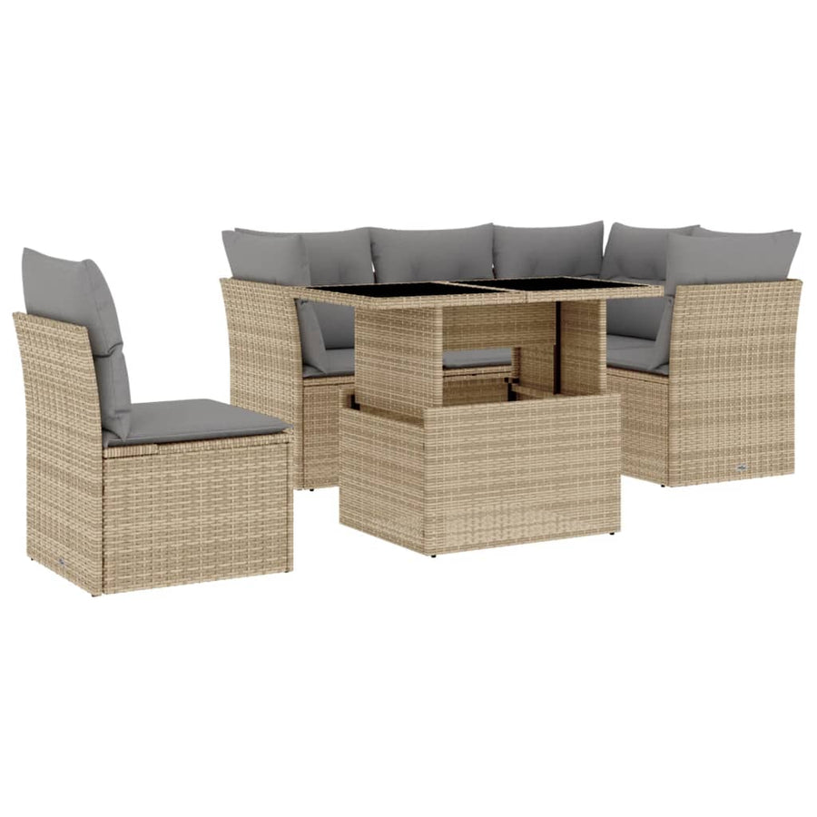 6-delige Loungeset met kussens poly rattan beige