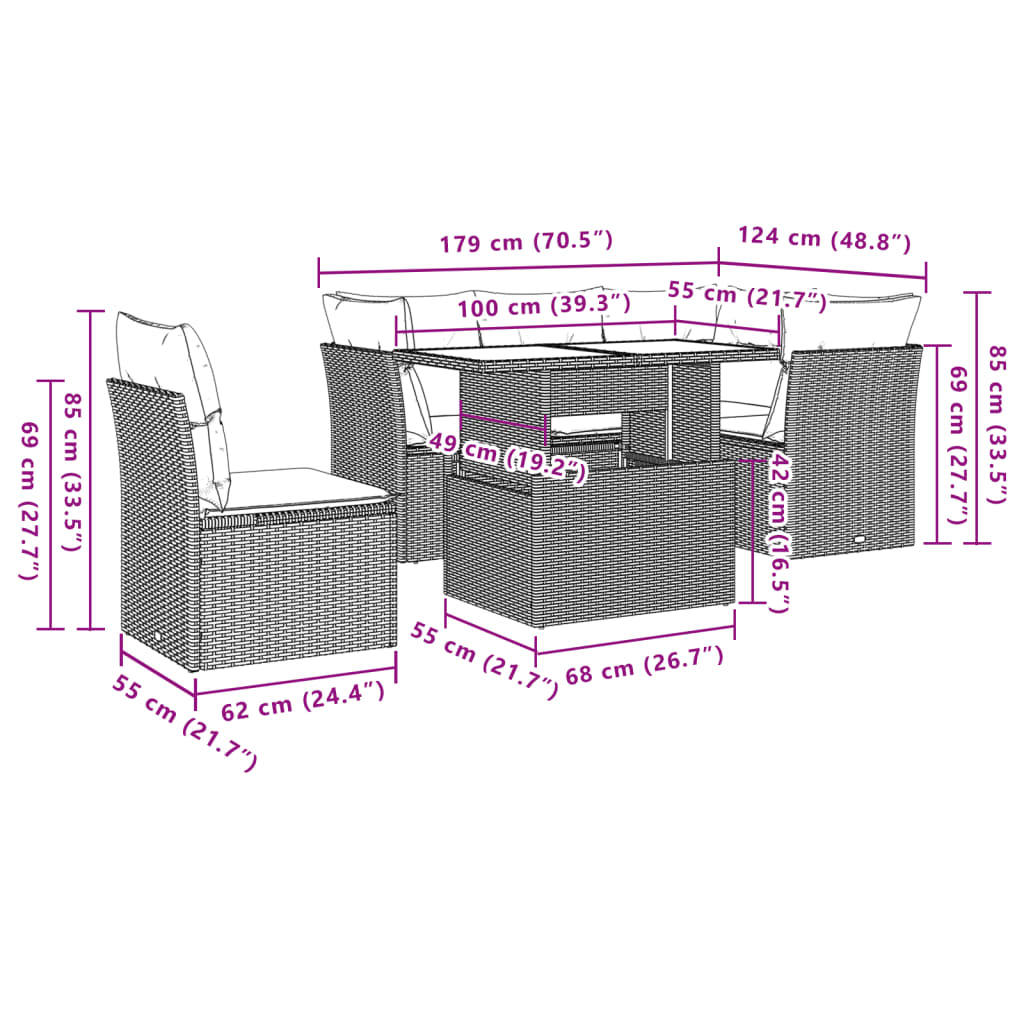 6-delige Loungeset met kussens poly rattan beige
