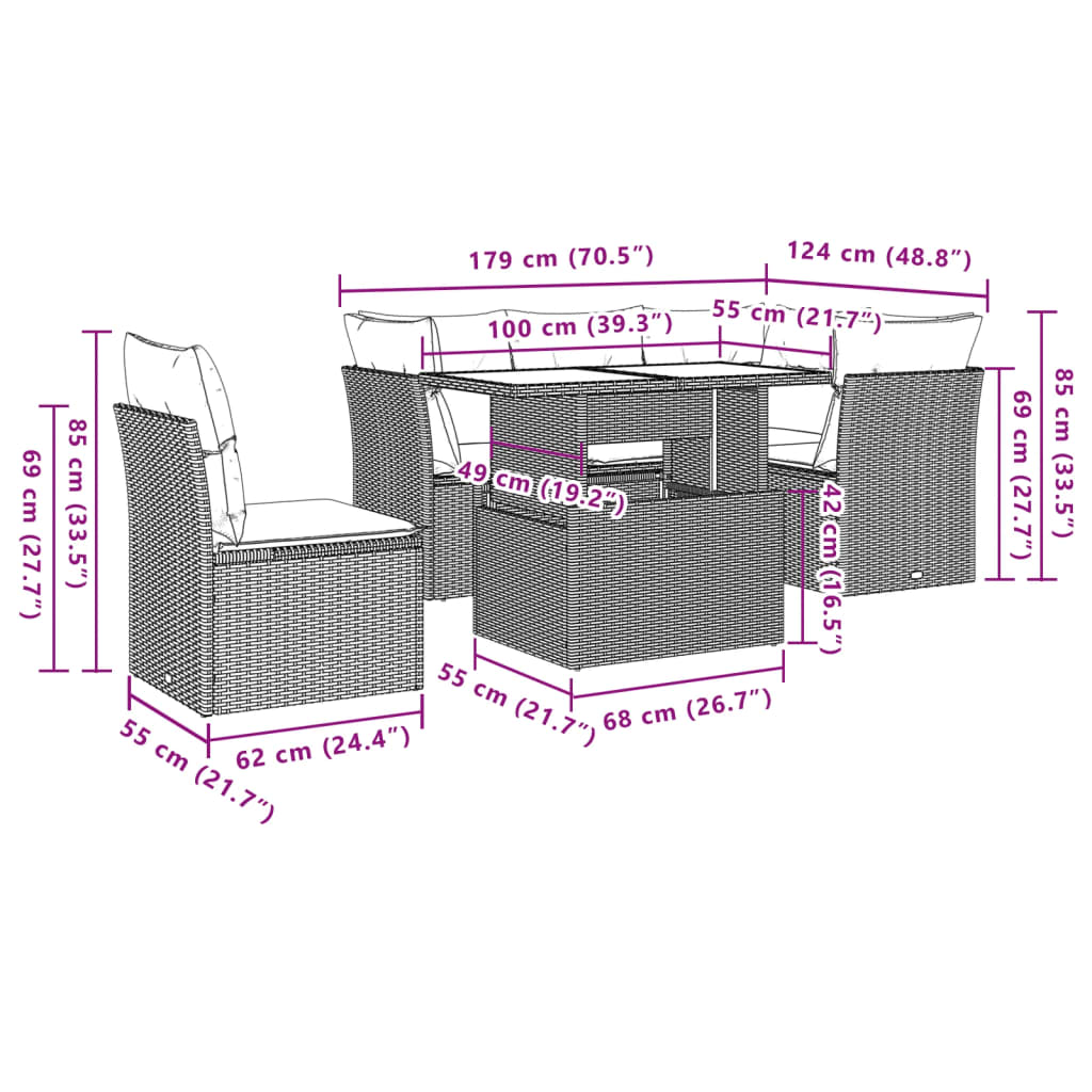 6-delige Loungeset met kussens poly rattan grijs