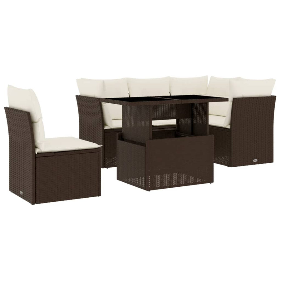 6-delige Loungeset met kussens poly rattan bruin