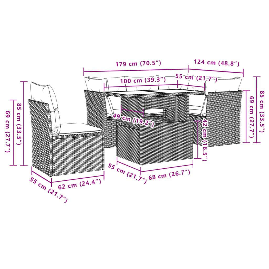 6-delige Loungeset met kussens poly rattan bruin