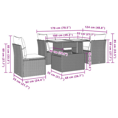 6-delige Loungeset met kussens poly rattan bruin