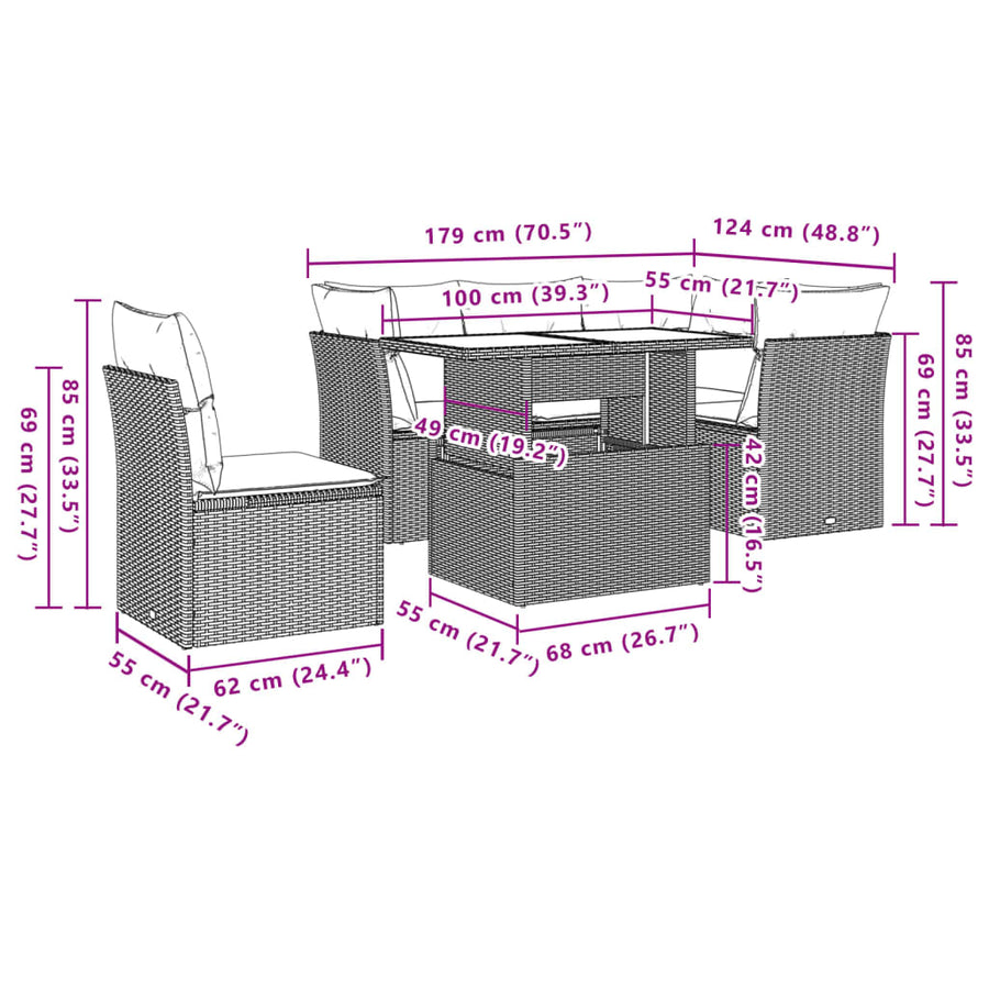 6-delige Loungeset met kussens poly rattan bruin