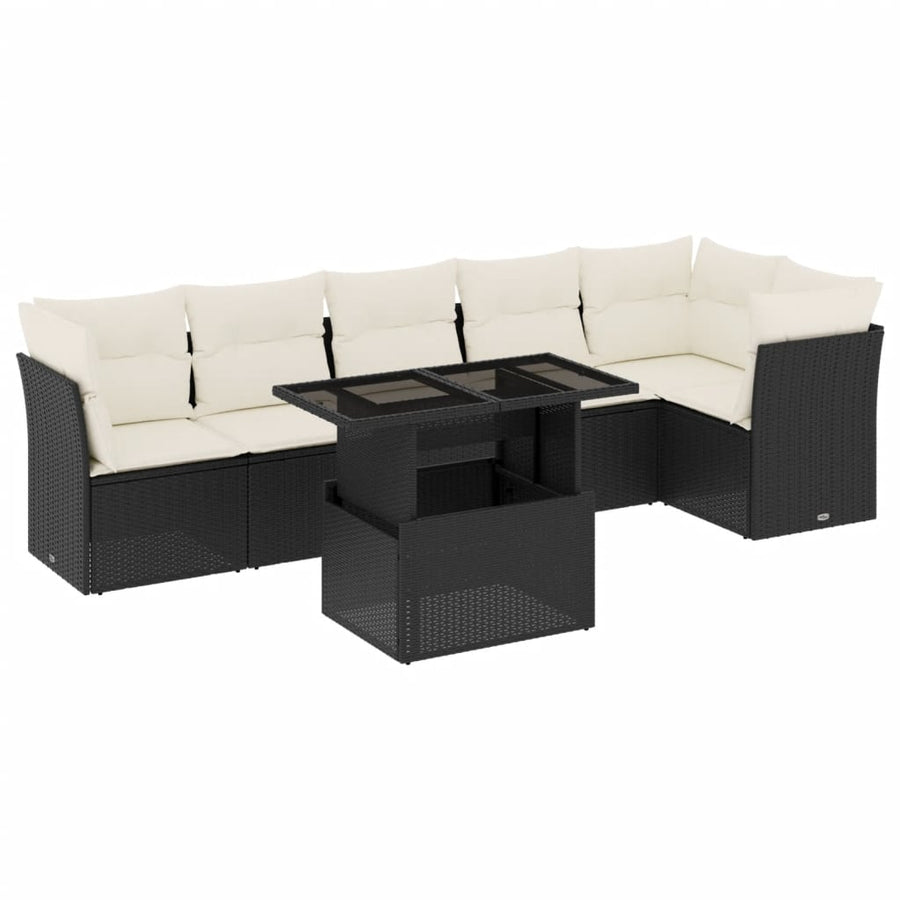 7-delige Loungeset met kussens poly rattan zwart