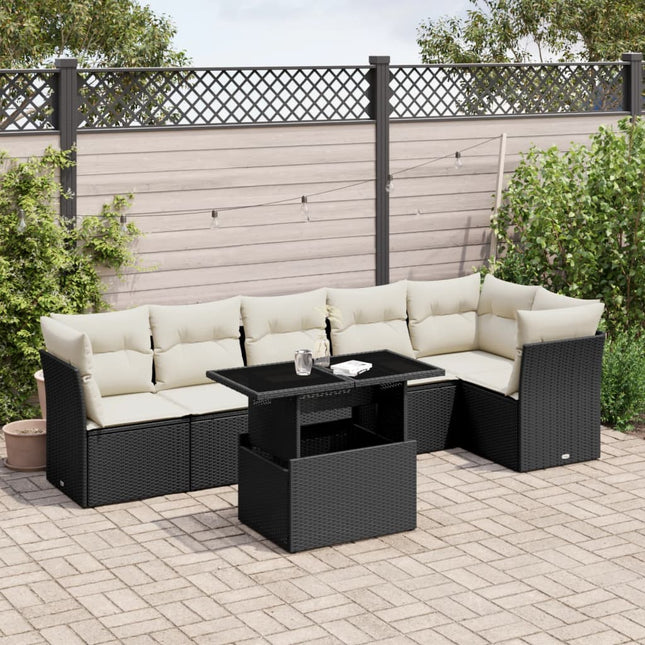 7-delige Loungeset met kussens poly rattan zwart