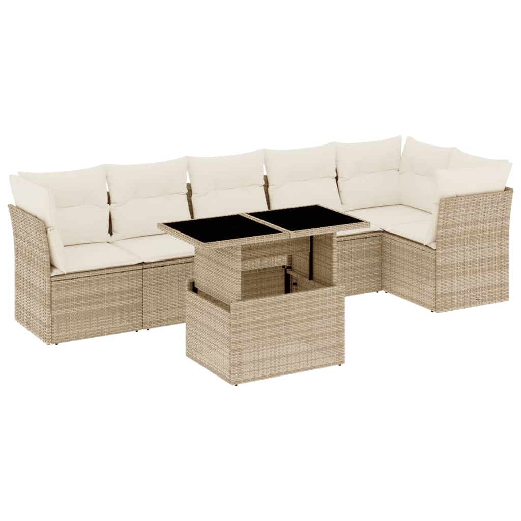 7-delige Loungeset met kussens poly rattan beige