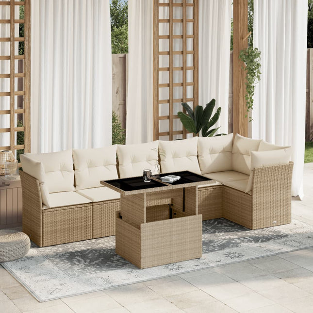 7-delige Loungeset met kussens poly rattan beige