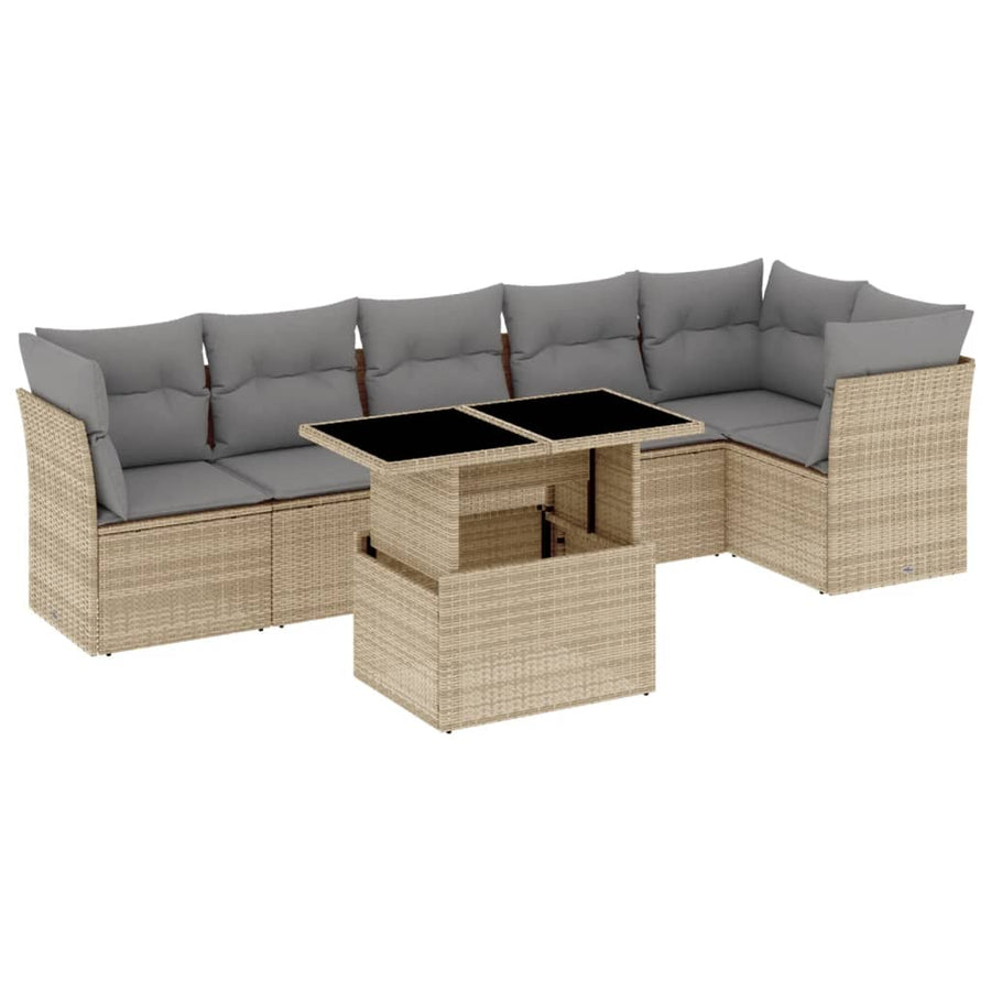 7-delige Loungeset met kussens poly rattan beige