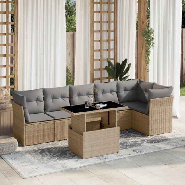 7-delige Loungeset met kussens poly rattan beige