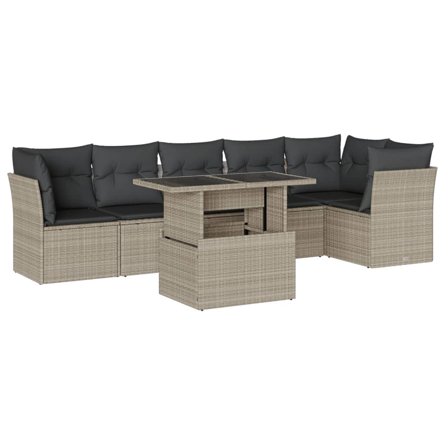 7-delige Loungeset met kussens poly rattan lichtgrijs