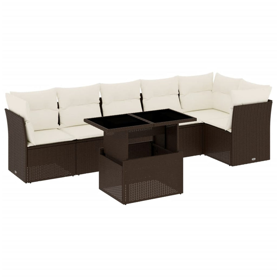 7-delige Loungeset met kussens poly rattan bruin