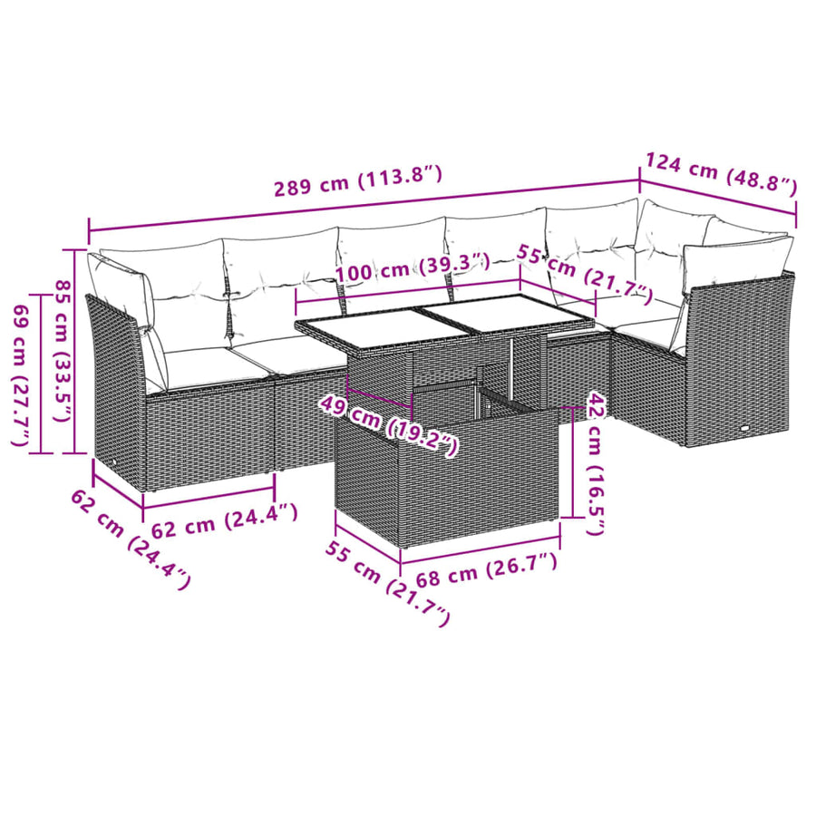 7-delige Loungeset met kussens poly rattan bruin